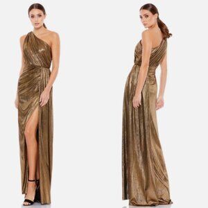 MAC DUGGAL 26537 METALLIC DRAPED ONE SHOULDER GRECIAN ANTIQUE GOLD GOWN sz 12